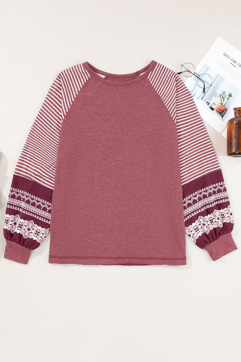 Contrast Print Striped Raglan Crew Neck Loose Long Sleeve Top